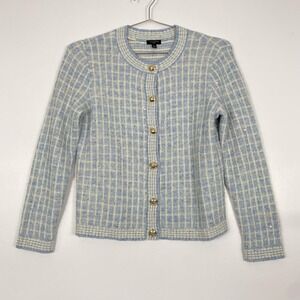 Talbots Cardigan Sweater Womens Small Petite Blue Check Sequin Metallic Knit